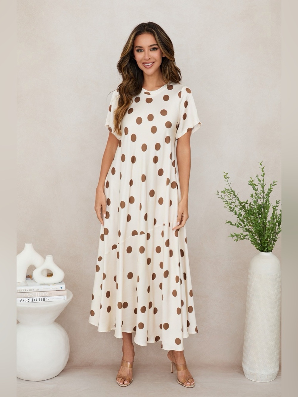(800872-POLKA-DOT-C/T) POLKA-DOT CAP SLEEVE TIER SEAM MIDI DRESS